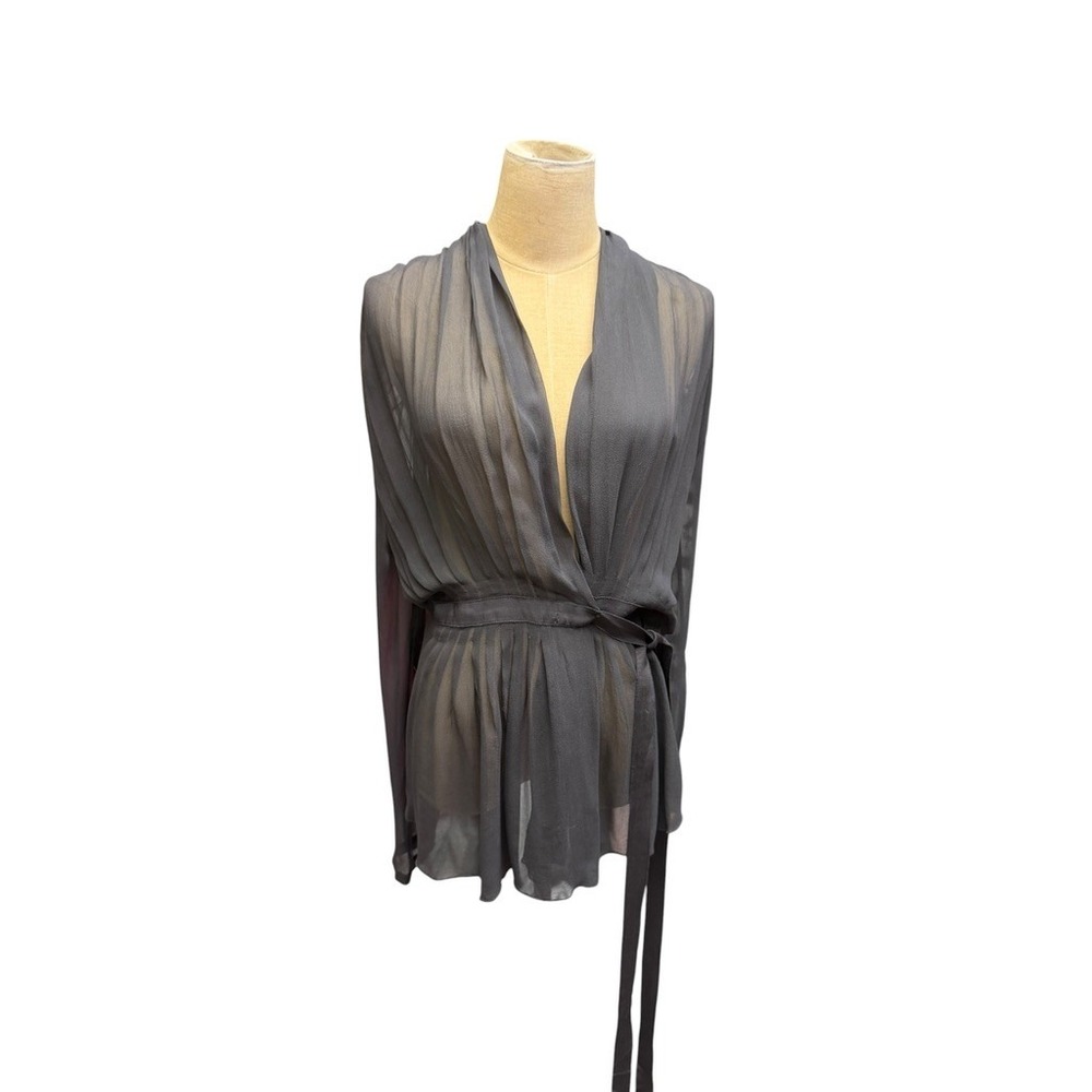 Mila Women's M  Dark Grey Sheer Pleated Wrap Cardigan Tie Waist Long Sleeve Top